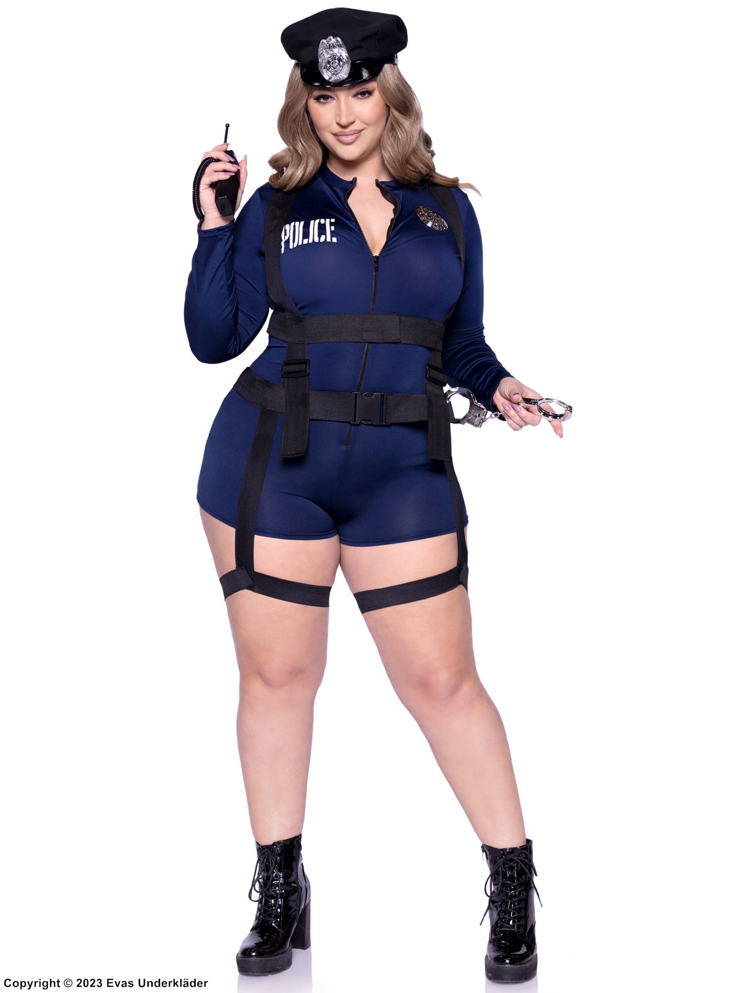 Polizistin, Maskerade-Strampler, lange Ärmel, Front-Reißverschluss, Plus Size